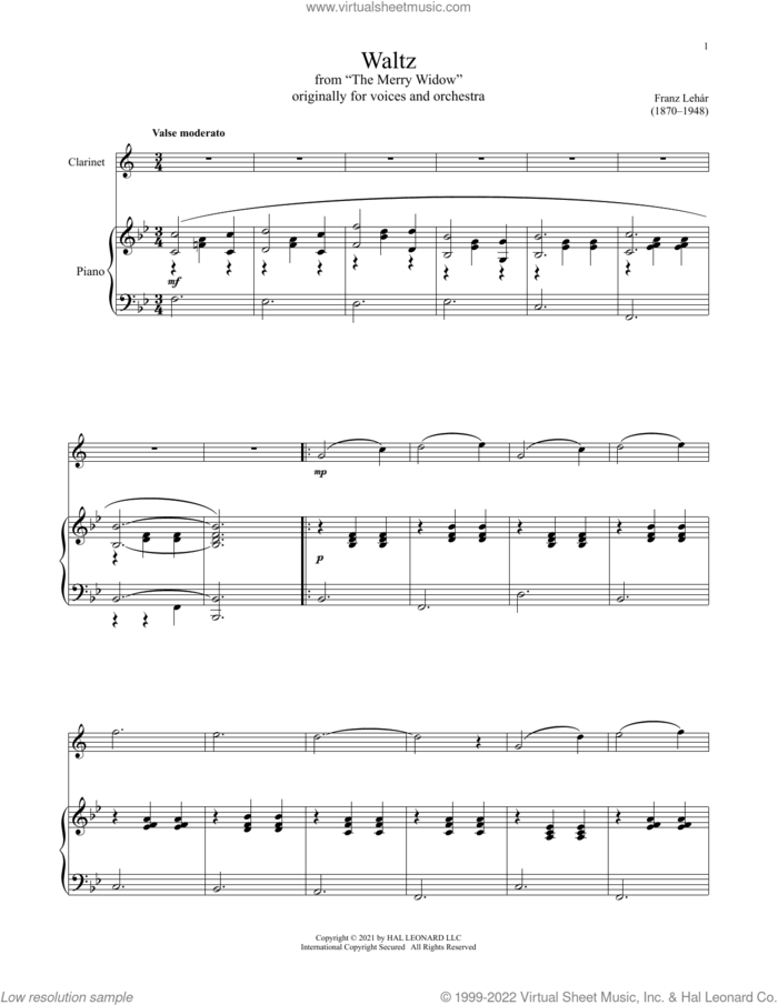 The Merry Widow Waltz sheet music for clarinet and piano by Franz Lehar and Adrian Ross, classical score, intermediate skill level