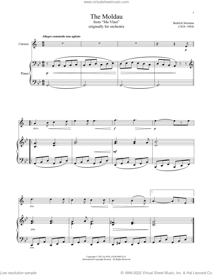 The Moldau sheet music for clarinet and piano by Bedrich Smetana, classical score, intermediate skill level