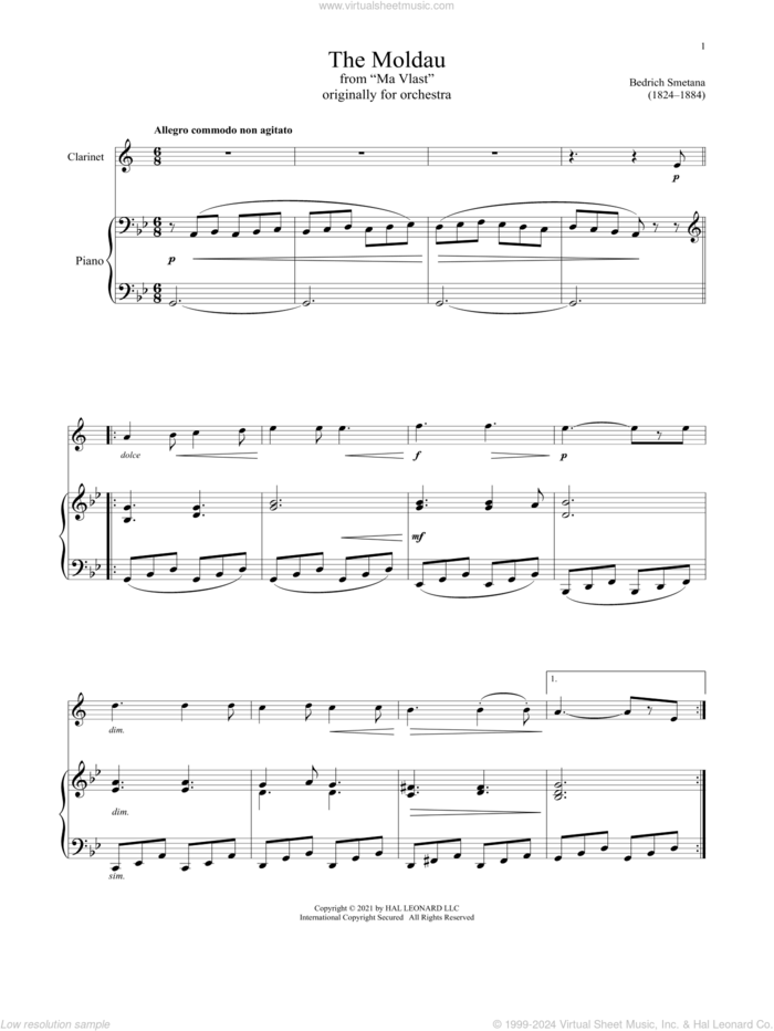 The Moldau sheet music for clarinet and piano by Bedrich Smetana, classical score, intermediate skill level