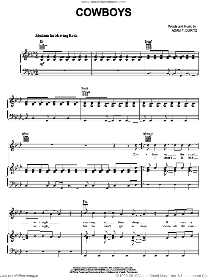 Cowboys sheet music for voice, piano or guitar by Counting Crows and Adam Duritz, intermediate skill level