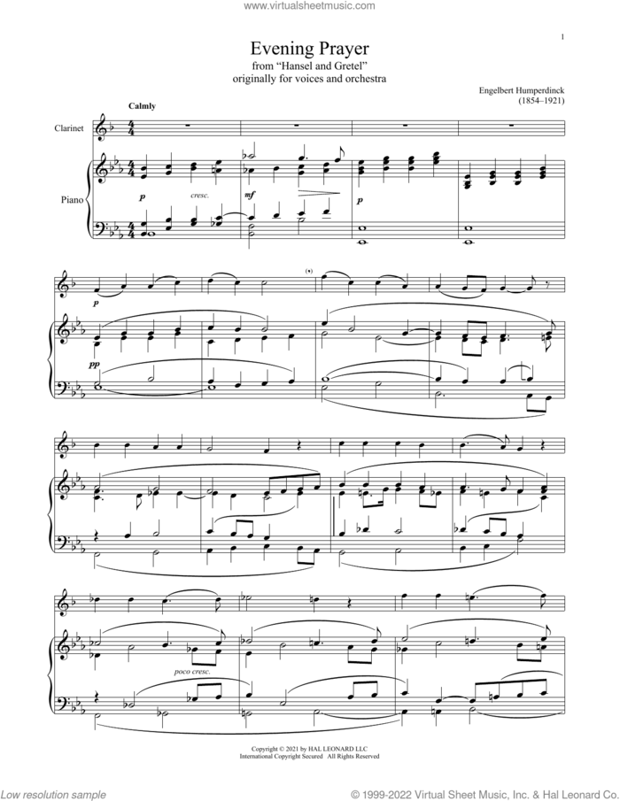 Evening Prayer sheet music for clarinet and piano by Engelbert Humperdinck, intermediate skill level