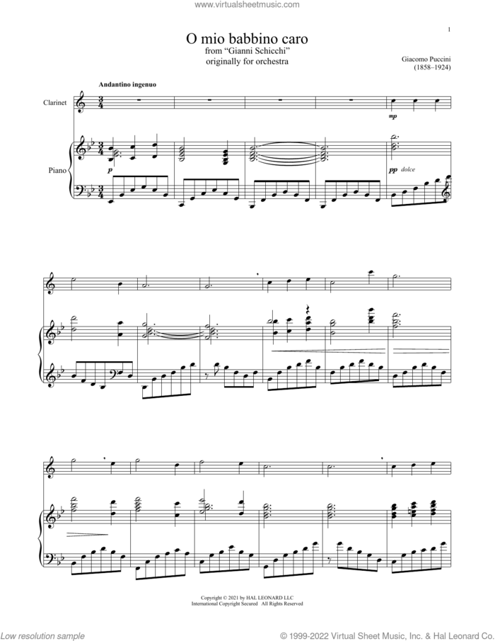 O Mio Babbino Caro sheet music for clarinet and piano by Giacomo Puccini, classical score, intermediate skill level