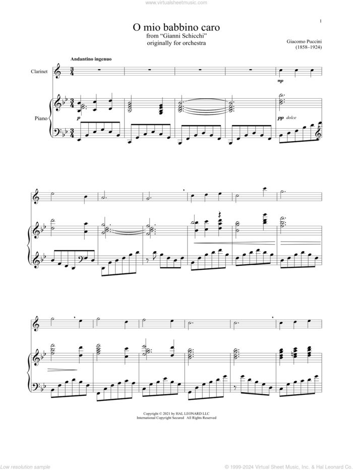 O Mio Babbino Caro sheet music for clarinet and piano by Giacomo Puccini, classical score, intermediate skill level