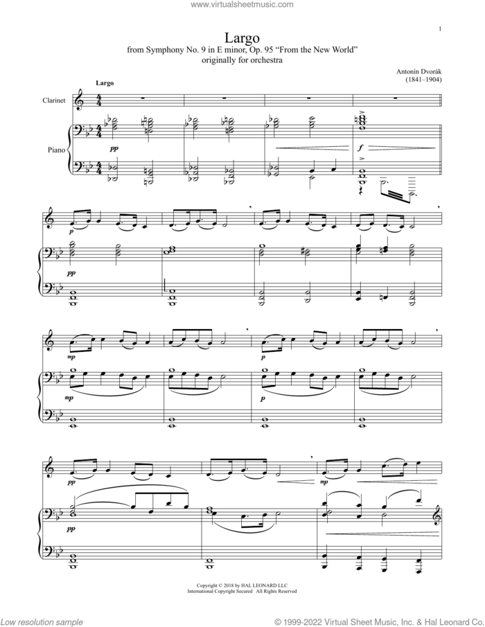 Largo sheet music for clarinet and piano by Antonin Dvorak, classical score, intermediate skill level