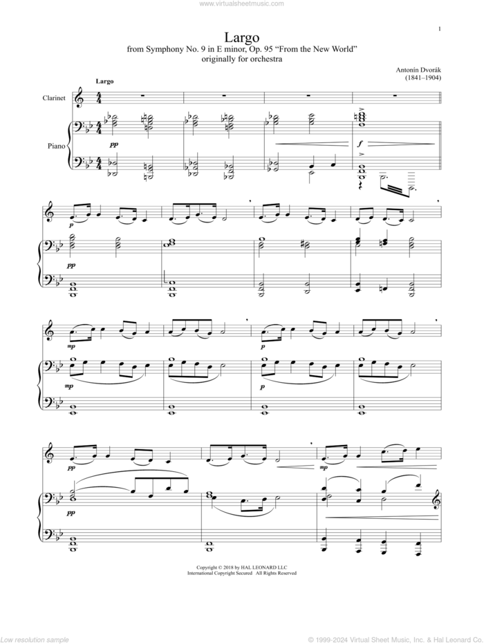 Largo sheet music for clarinet and piano by Antonin Dvorak, classical score, intermediate skill level