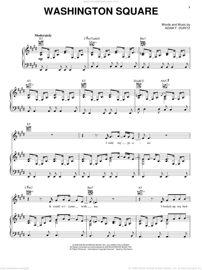 Washington Square sheet music for voice, piano or guitar by Counting Crows and Adam Duritz, intermediate skill level
