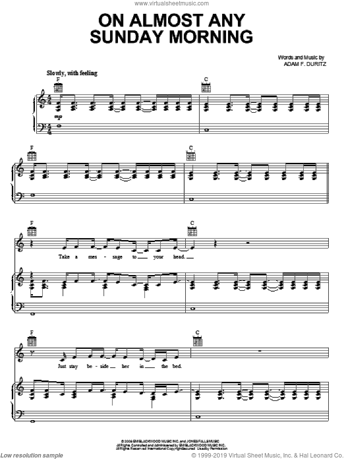 On Almost Any Sunday Morning sheet music for voice, piano or guitar by Counting Crows and Adam Duritz, intermediate skill level