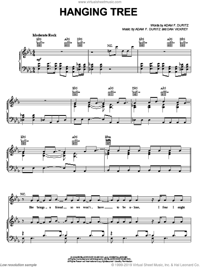 Hanging Tree sheet music for voice, piano or guitar by Counting Crows, Adam Duritz and Dan Vickrey, intermediate skill level
