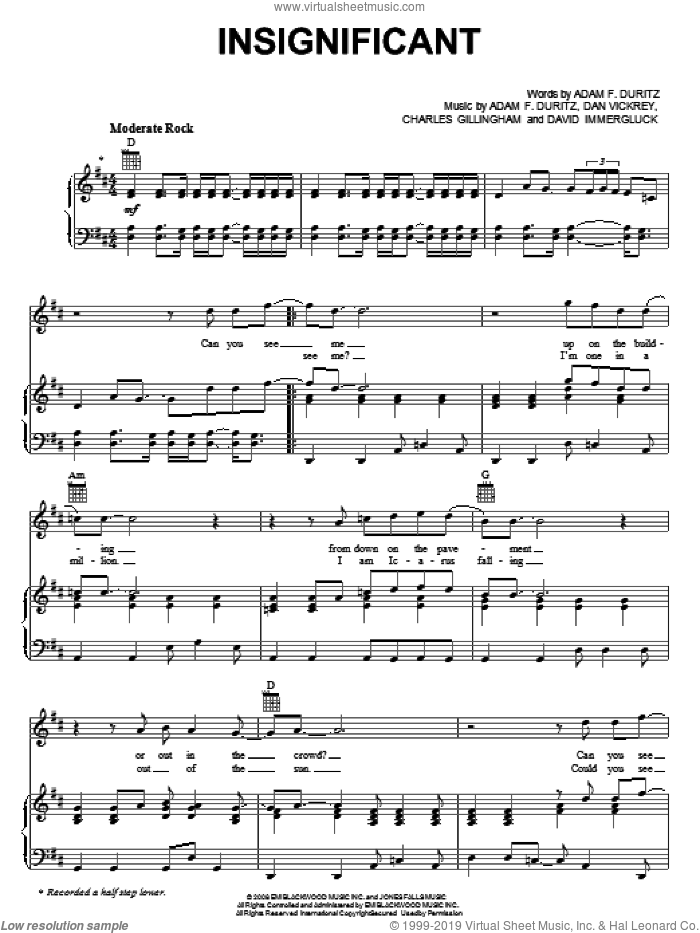 Insignificant sheet music for voice, piano or guitar by Counting Crows, Adam Duritz, Charles Gillingham, Dan Vickrey and David Immergluck, intermediate skill level