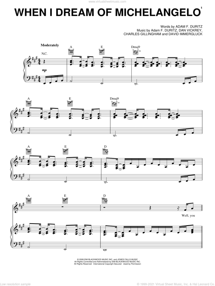 When I Dream Of Michelangelo sheet music for voice, piano or guitar by Counting Crows, Adam Duritz, Charles Gillingham, Dan Vickrey and David Immergluck, intermediate skill level