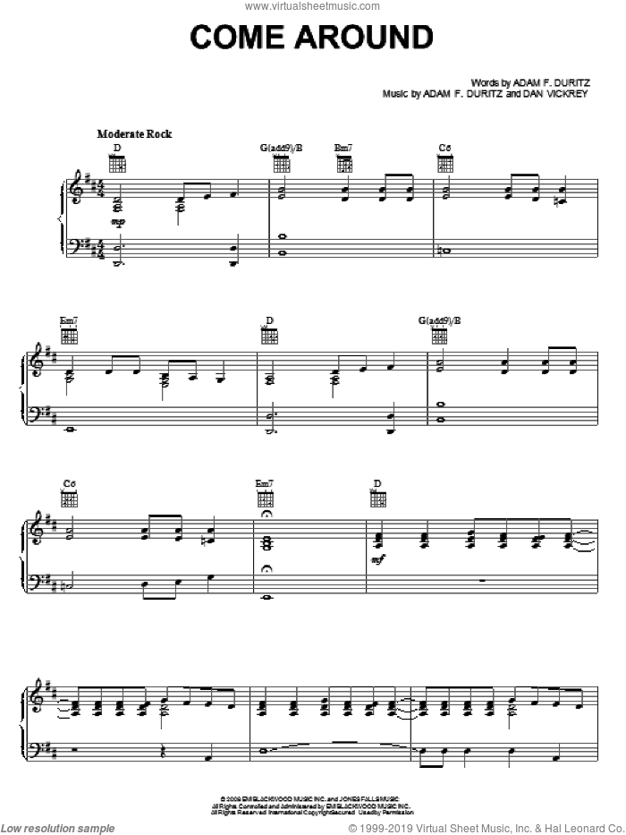 Come Around sheet music for voice, piano or guitar by Counting Crows, Adam Duritz and Dan Vickrey, intermediate skill level