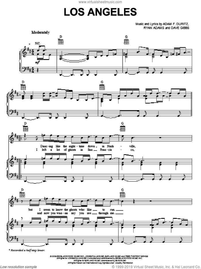 Los Angeles sheet music for voice, piano or guitar by Counting Crows, Adam Duritz, Dave Gibbs and Ryan Adams, intermediate skill level