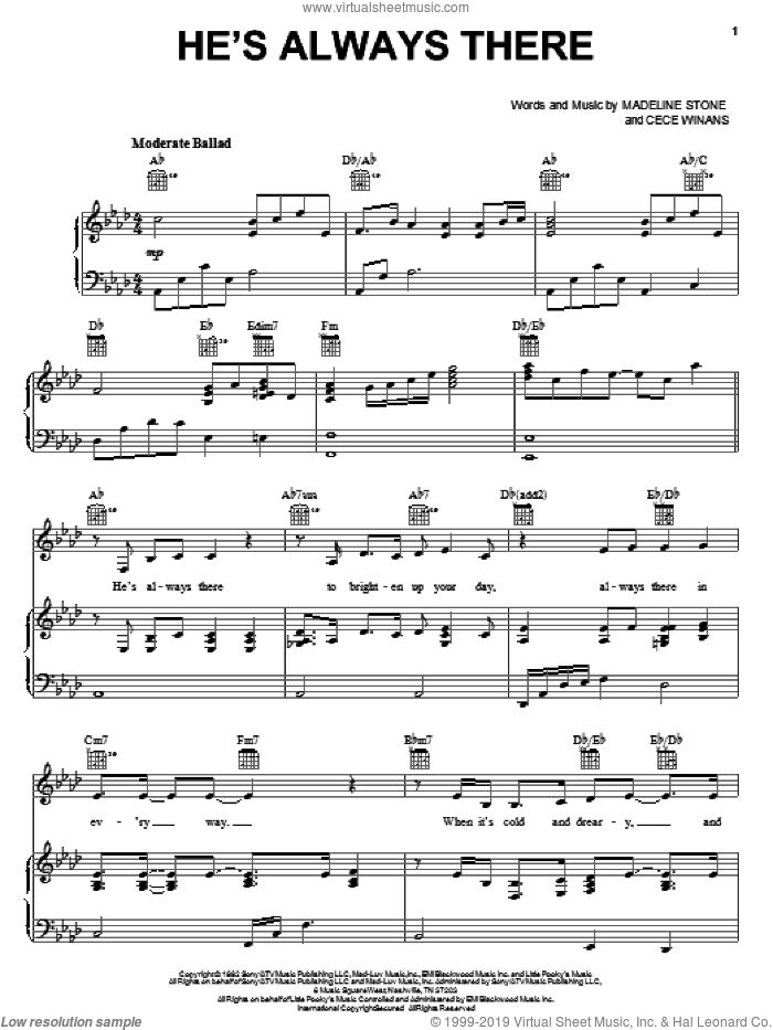 He's Always There sheet music for voice, piano or guitar by CeCe Winans and Madeline Stone, intermediate skill level