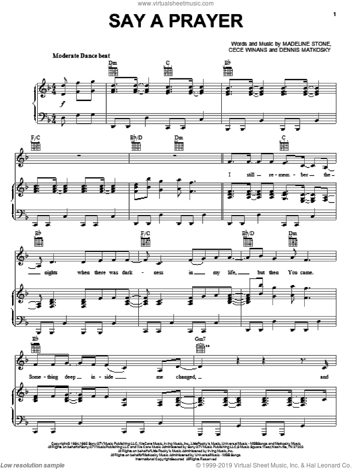 Say A Prayer sheet music for voice, piano or guitar by CeCe Winans, Dennis Matkosky and Madeline Stone, intermediate skill level