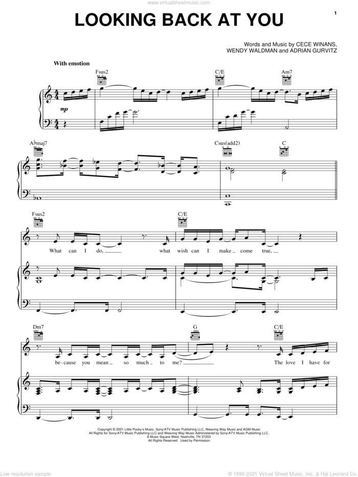 Looking Back At You sheet music for voice, piano or guitar by CeCe Winans, Adrian Gurvitz and Wendy Waldman, intermediate skill level