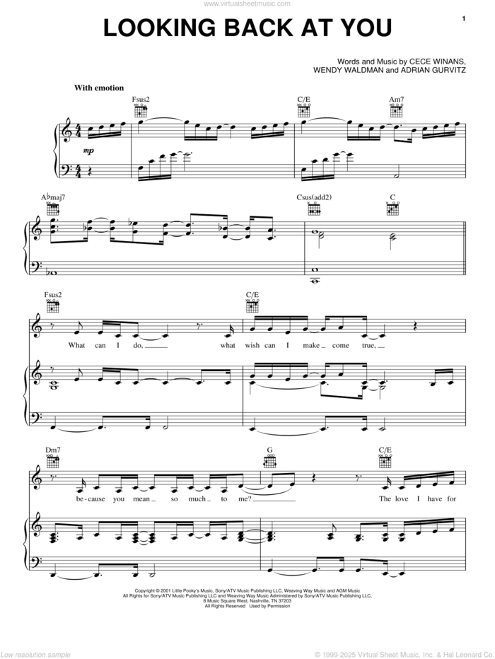 Looking Back At You sheet music for voice, piano or guitar by CeCe Winans, Adrian Gurvitz and Wendy Waldman, intermediate skill level