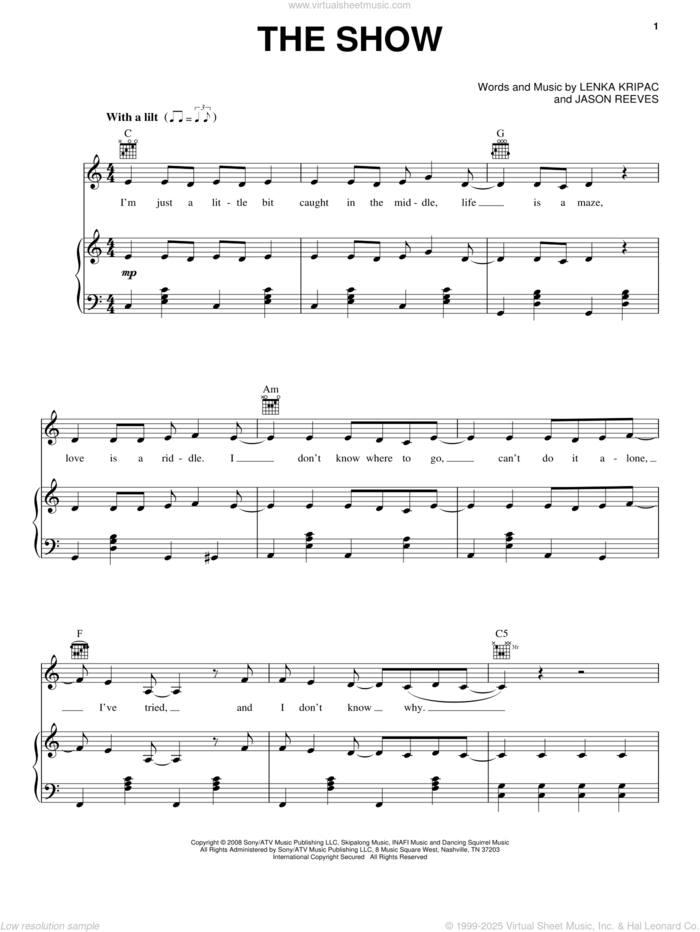 The Show sheet music for voice, piano or guitar by Lenka, Jason Reeves and Lenka Kripac, intermediate skill level