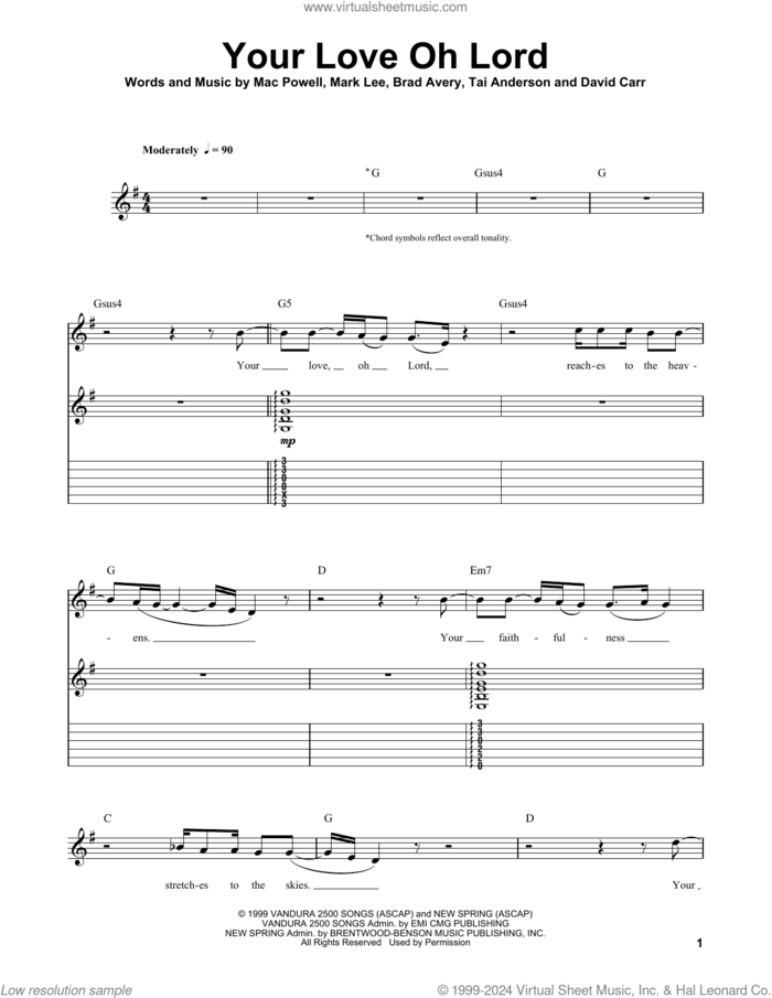 Your Love Oh Lord sheet music for guitar (tablature, play-along) by Third Day, Brad Avery, David Carr, Mac Powell, Mark Lee and Tai Anderson, intermediate skill level