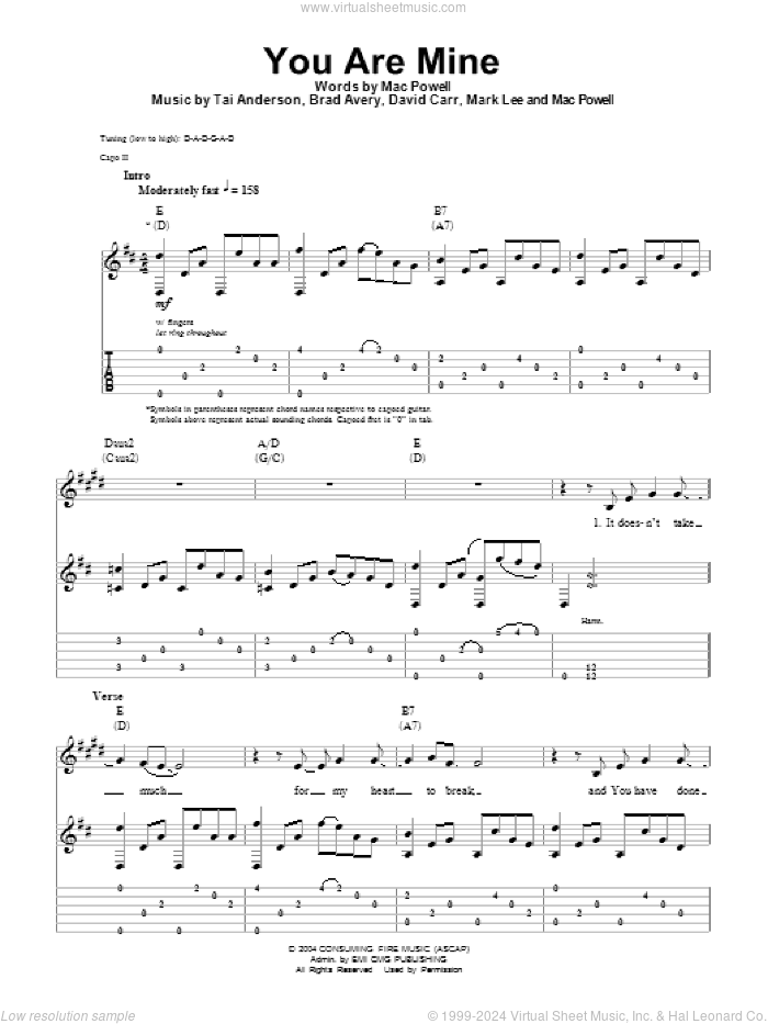 You Are Mine sheet music for guitar (tablature, play-along) by Third Day, Brad Avery, David Carr, Mac Powell, Mark Lee and Tai Anderson, intermediate skill level