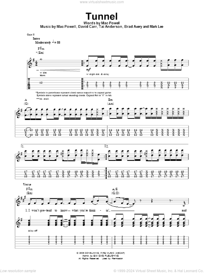 Tunnel sheet music for guitar (tablature, play-along) by Third Day, Brad Avery, David Carr, Mac Powell, Mark Lee and Tai Anderson, intermediate skill level