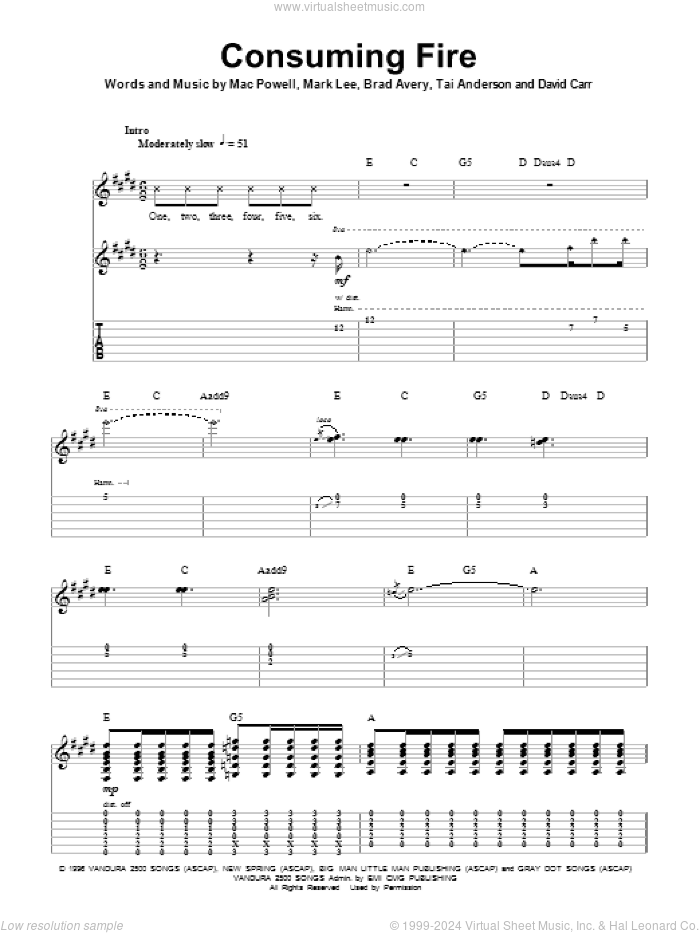 Consuming Fire sheet music for guitar (tablature, play-along) by Third Day, Brad Avery, David Carr, Mac Powell, Mark Lee and Tai Anderson, intermediate skill level