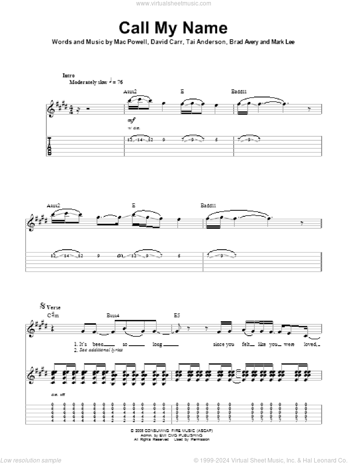 Call My Name sheet music for guitar (tablature, play-along) by Third Day, Brad Avery, David Carr, Mac Powell, Mark Lee and Tai Anderson, intermediate skill level