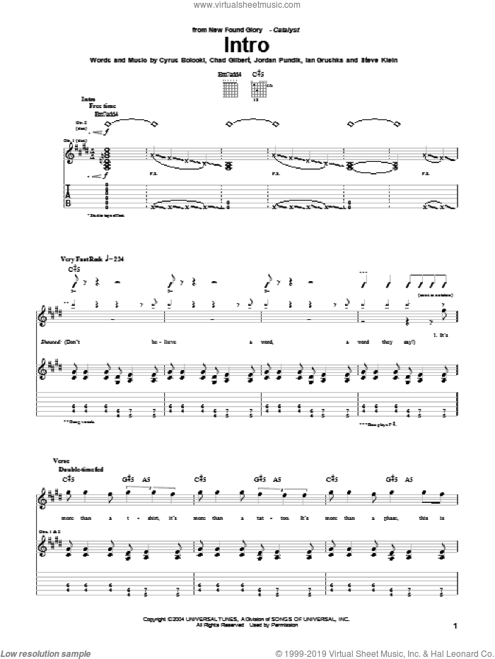 Intro sheet music for guitar (tablature) by New Found Glory, Chad Gilbert, Cyrus Bolooki, Ian Grushka, Jordan Pundik and Steve Klein, intermediate skill level