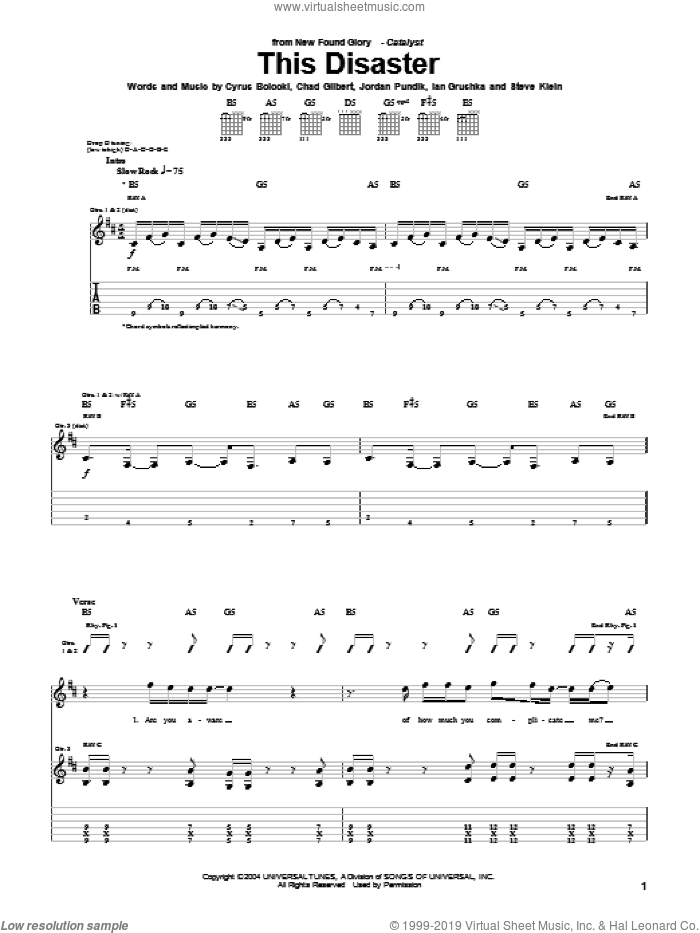 This Disaster sheet music for guitar (tablature) by New Found Glory, Chad Gilbert, Cyrus Bolooki, Ian Grushka, Jordan Pundik and Steve Klein, intermediate skill level