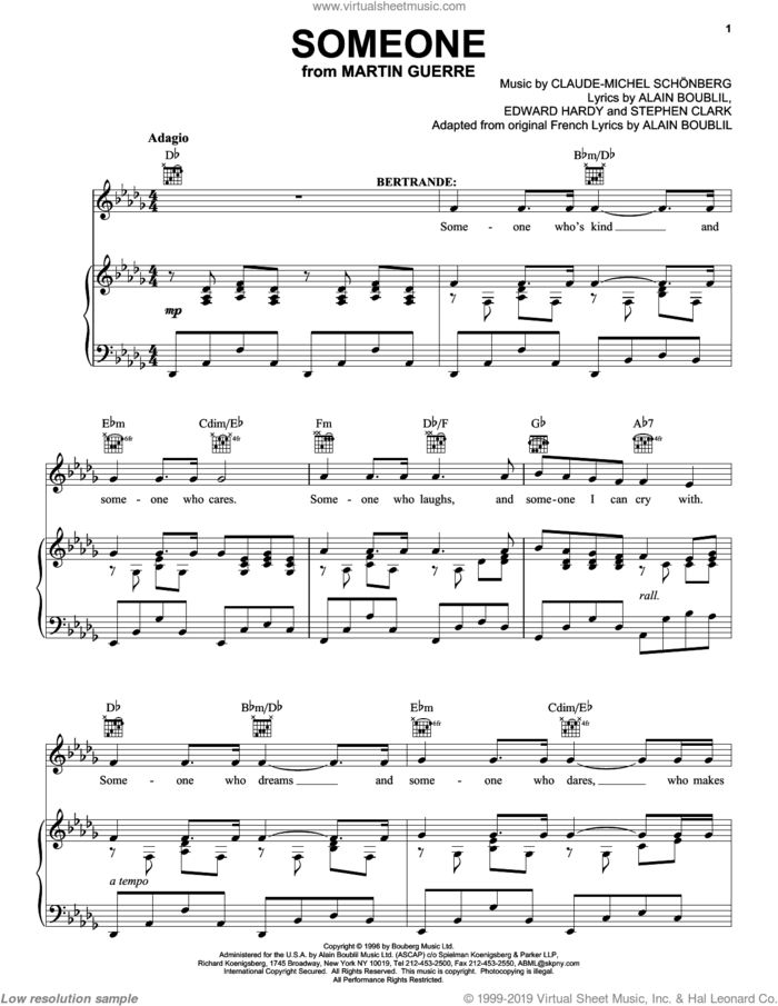 Someone (from Martin Guerre) sheet music for voice, piano or guitar by Alain Boublil, Boublil and Schonberg, Claude-Michel Schonberg, Edward Hardy and Steve Clark, intermediate skill level