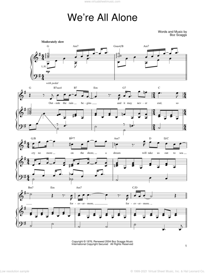We're All Alone sheet music for voice, piano or guitar by Boz Scaggs, intermediate skill level