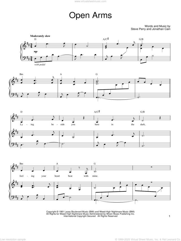 Open Arms sheet music for voice, piano or guitar by Journey, Jonathan Cain and Steve Perry, wedding score, intermediate skill level