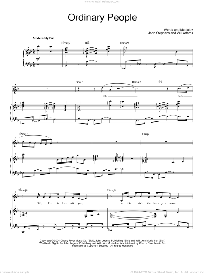 Ordinary People sheet music for voice and piano by John Legend, John Stephens and Will Adams, intermediate skill level