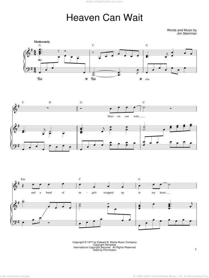 Heaven Can Wait sheet music for voice, piano or guitar by Meat Loaf and Jim Steinman, intermediate skill level
