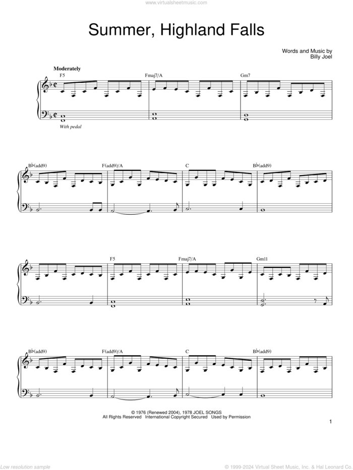 Summer, Highland Falls sheet music for voice, piano or guitar by Billy Joel, intermediate skill level