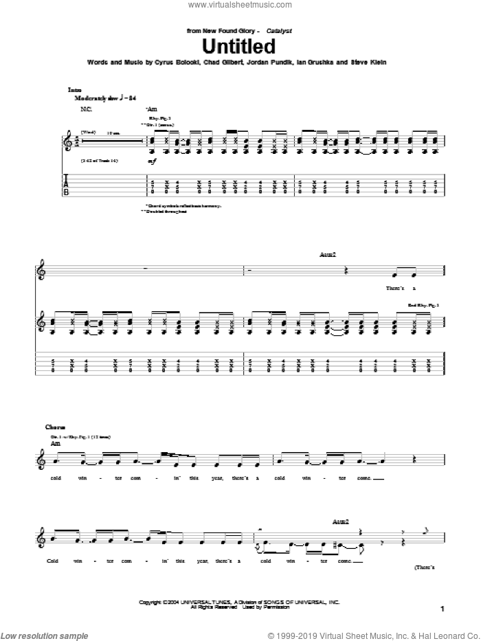 Untitled sheet music for guitar (tablature) by New Found Glory, Chad Gilbert, Cyrus Bolooki, Ian Grushka, Jordan Pundik and Steve Klein, intermediate skill level