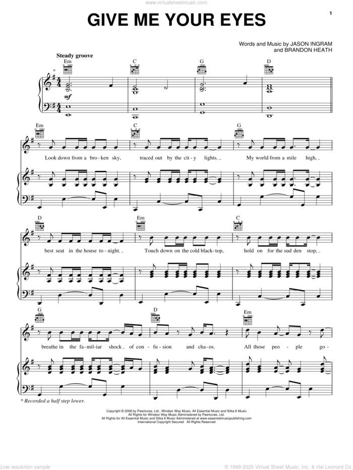 Give Me Your Eyes sheet music for voice, piano or guitar by Brandon Heath and Jason Ingram, intermediate skill level