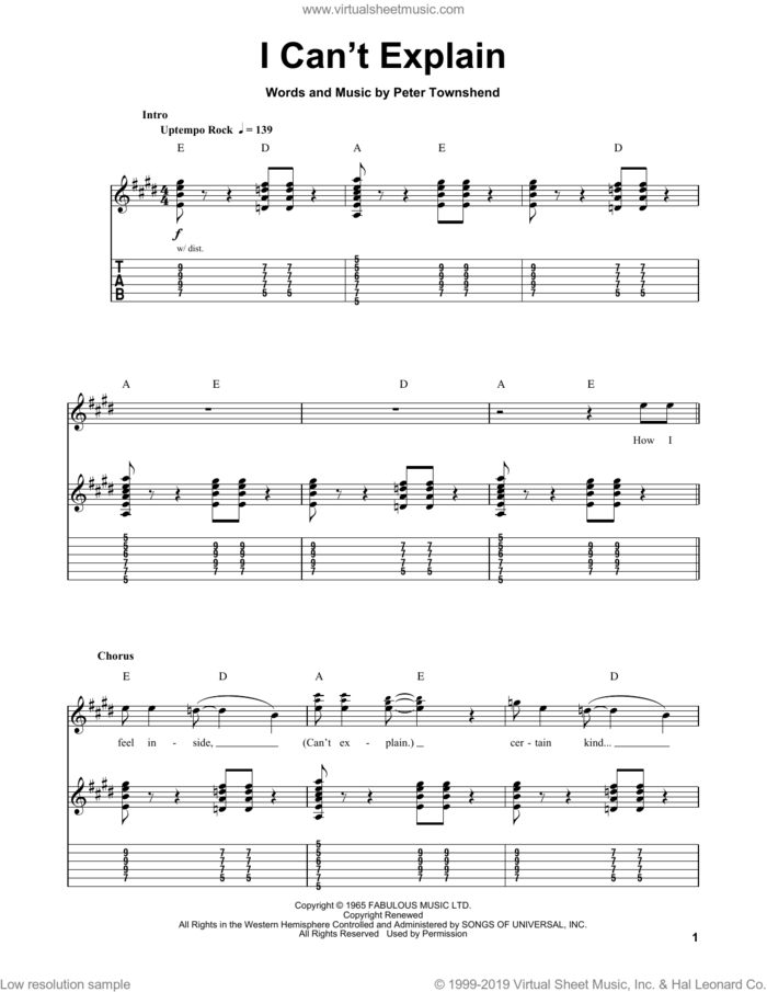 I Can't Explain sheet music for guitar (tablature, play-along) by The Who, Scorpions and Pete Townshend, intermediate skill level
