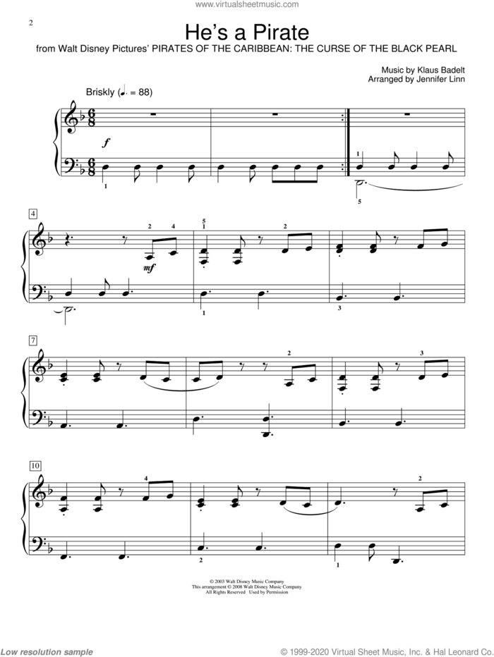 He's A Pirate (from Pirates Of The Caribbean: The Curse of the Black Pearl) (arr. Jennifer Linn) sheet music for piano solo (elementary) by Klaus Badelt, Jennifer Linn, Miscellaneous and Pirates Of The Caribbean: The Curse Of The Black Pearl (Movie), beginner piano (elementary)