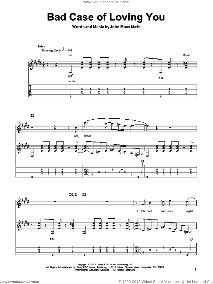 Bad Case Of Loving You sheet music for guitar (tablature, play-along) by Robert Palmer and John Moon Martin, intermediate skill level