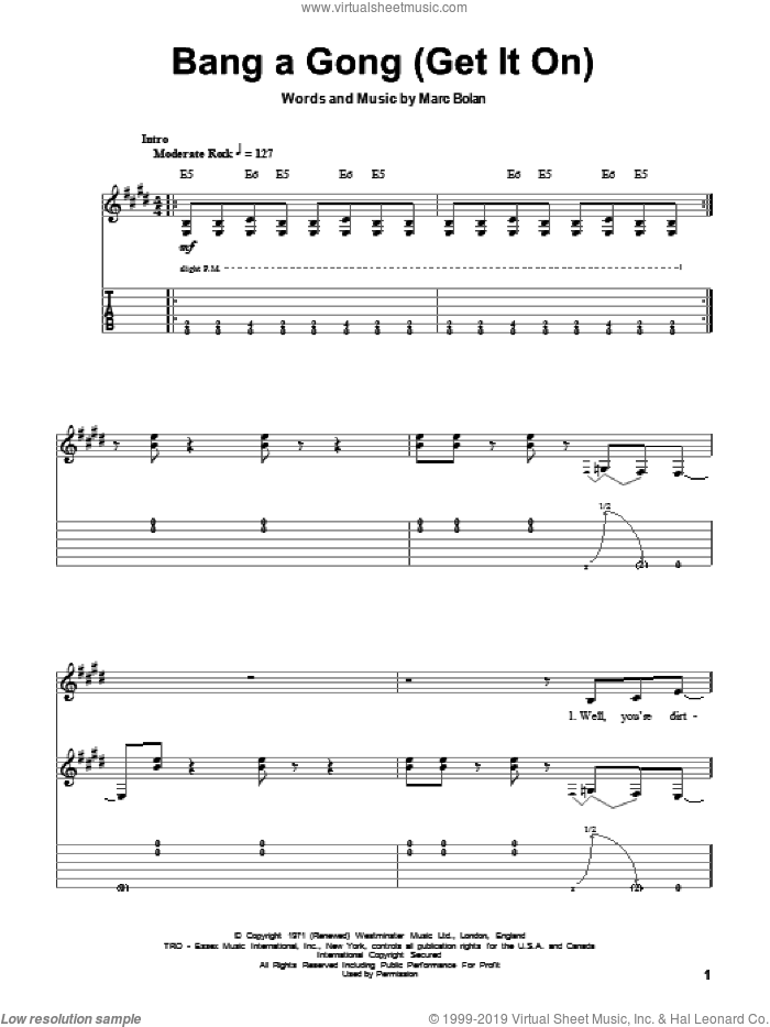 Bang A Gong (Get It On) sheet music for guitar (tablature, play-along) by T Rex, The Power Station and Marc Bolan, intermediate skill level