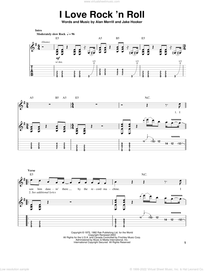 I Love Rock 'N Roll sheet music for guitar (tablature, play-along) by Joan Jett & The Blackhearts, Joan Jett, Alan Merrill and Jake Hooker, intermediate skill level
