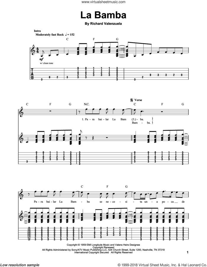La Bamba sheet music for guitar (tablature, play-along) by Ritchie Valens and Los Lobos, intermediate skill level