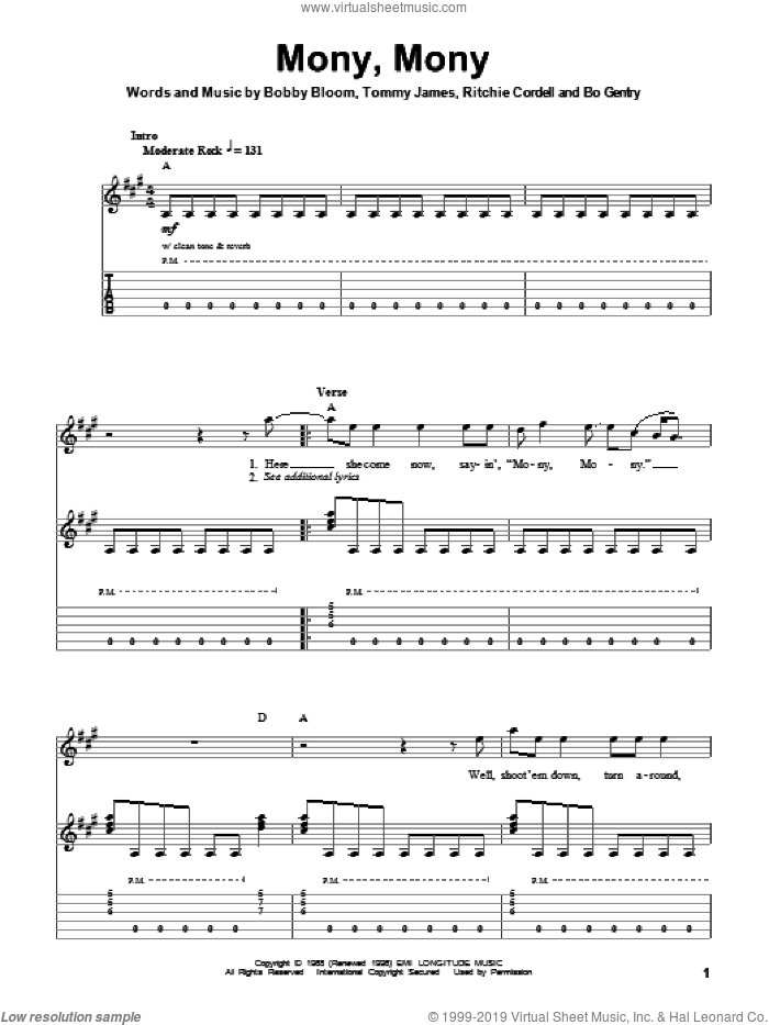 Mony, Mony sheet music for guitar (tablature, play-along) by Tommy James & The Shondells, Billy Idol, Bo Gentry, Bobby Bloom, Ritchie Cordell and Tommy James, intermediate skill level