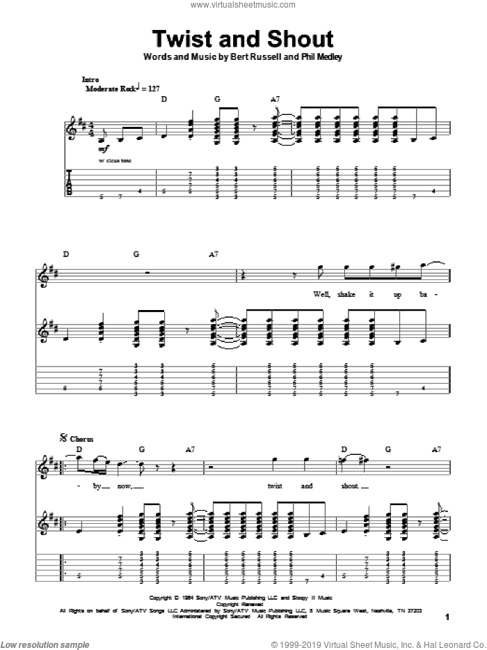 Twist And Shout sheet music for guitar (tablature, play-along) by The Beatles, The Isley Brothers, Bert Russell and Phil Medley, intermediate skill level