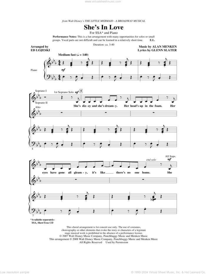 She's In Love (from The Little Mermaid) (arr. Ed Lojeski) sheet music for choir (SSA: soprano, alto) by Alan Menken, Glenn Slater and Ed Lojeski, intermediate skill level