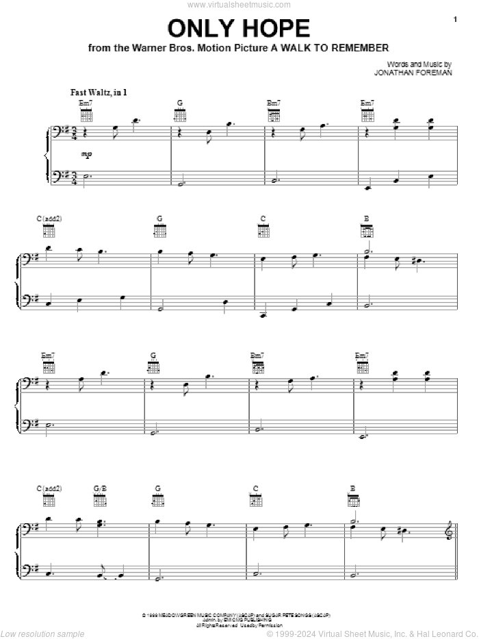 Only Hope sheet music for voice, piano or guitar by Switchfoot, Mandy Moore and Jonathan Foreman, intermediate skill level