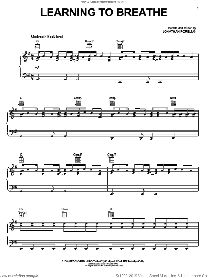 Learning To Breathe sheet music for voice, piano or guitar by Switchfoot and Jonathan Foreman, intermediate skill level