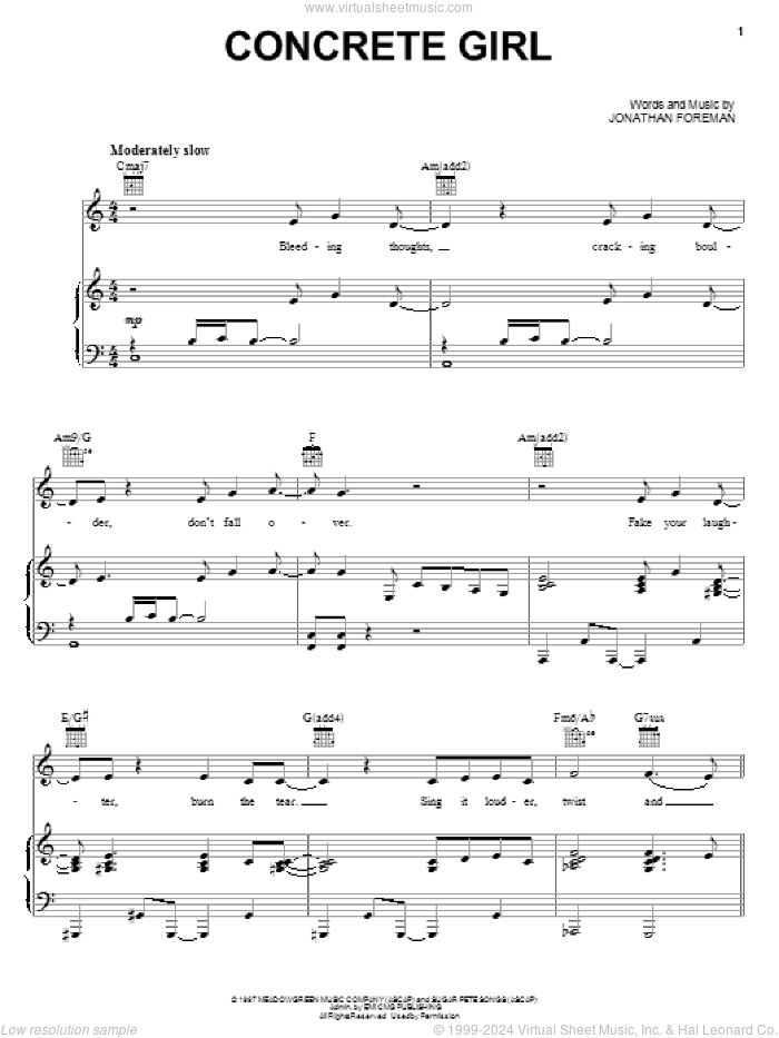 Concrete Girl sheet music for voice, piano or guitar by Switchfoot and Jonathan Foreman, intermediate skill level