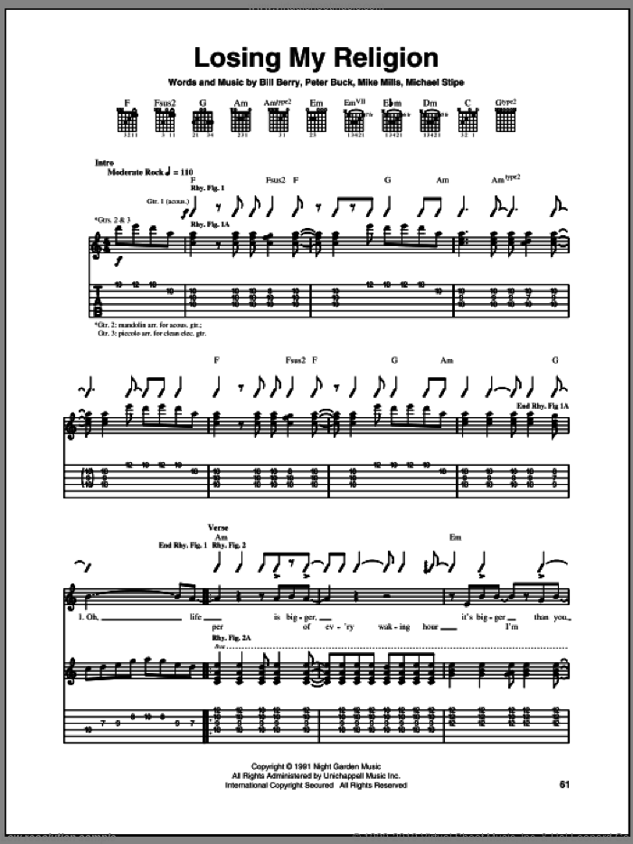 Losing My Religion sheet music for guitar (tablature) by R.E.M., Bill Berry, Michael Stipe, Mike Mills and Peter Buck, intermediate skill level