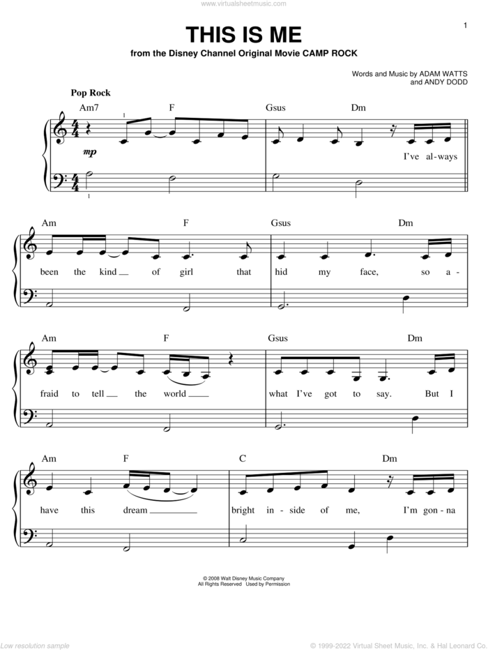 This Is Me (from Camp Rock) sheet music for piano solo by Demi Lovato, Camp Rock (Movie), Jonas Brothers, Adam Watts and Andy Dodd, easy skill level